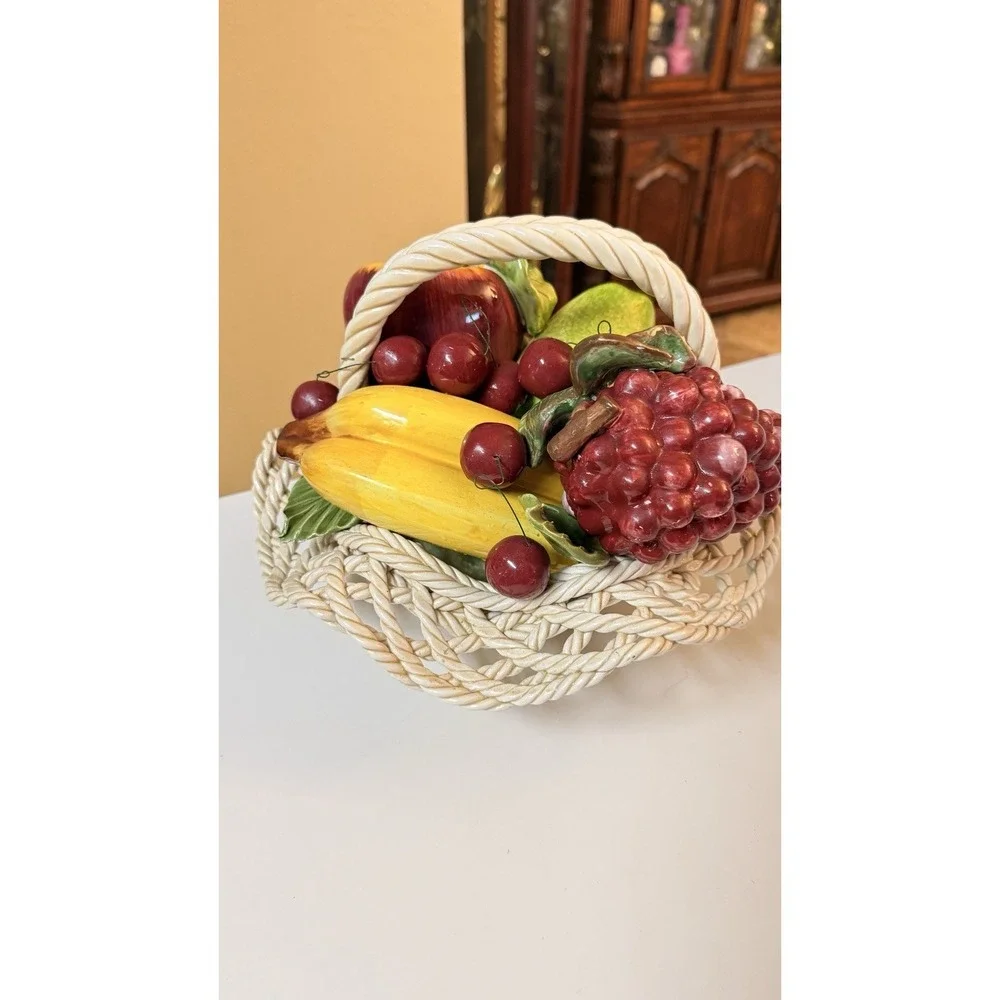 Vintage Italian Style Ceramic Fruit Basket Woven Lattice Centerpiece Decor